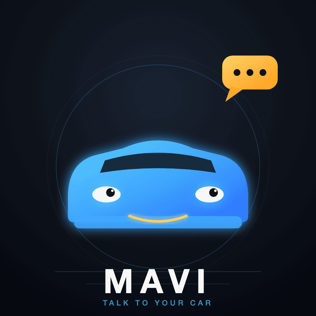 MAVI’s smiling blue car mascot with a yellow speech bubble. Talk to your car.